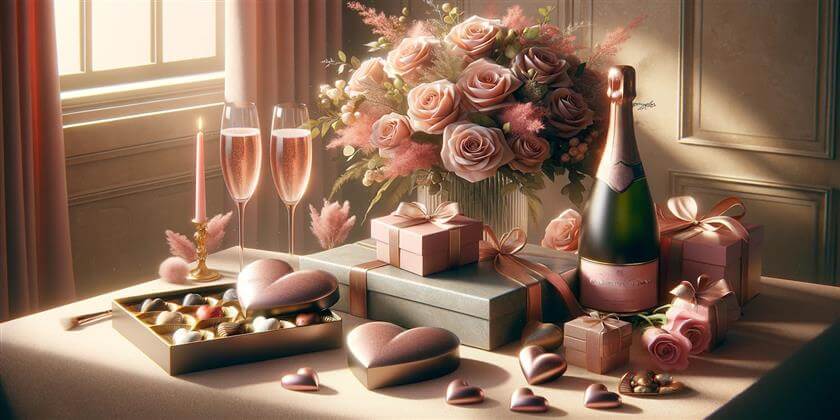 Klassische Präsente zum Valentinstag (Bildquelle: AI-generiert mit DALL-E)